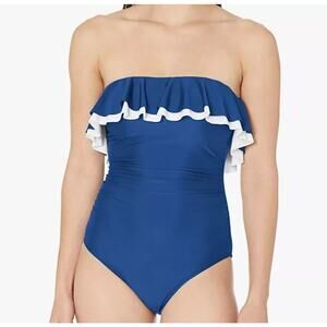 Tommy Hilfiger NWOT Size 14 Blue & White Strapless Flounce One-Piece Swimsuit